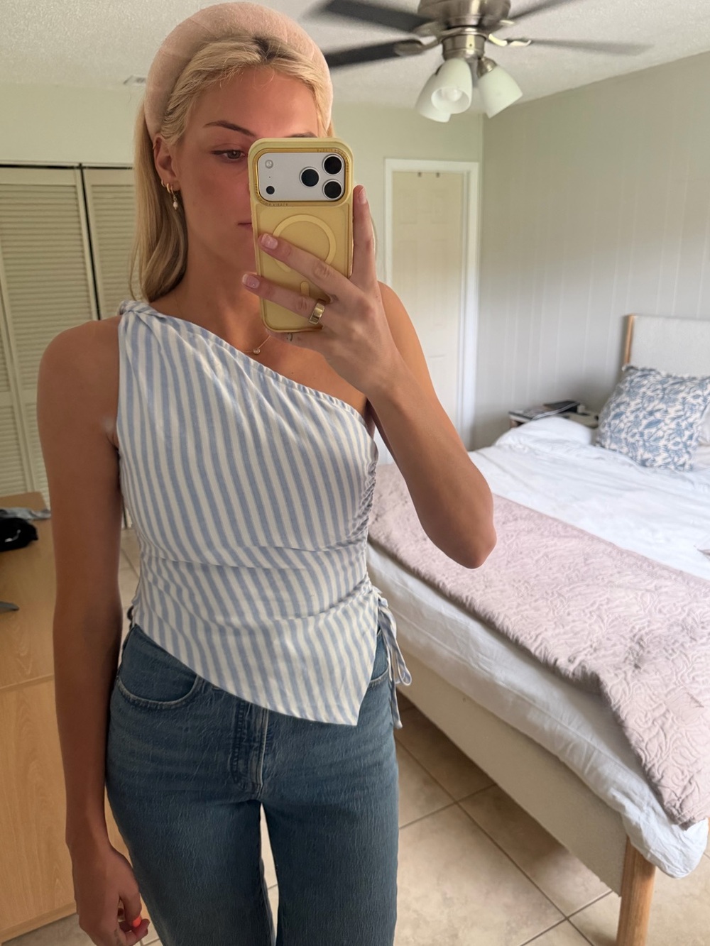 Asymmetric One-Shoulder Blue & White Striped Top